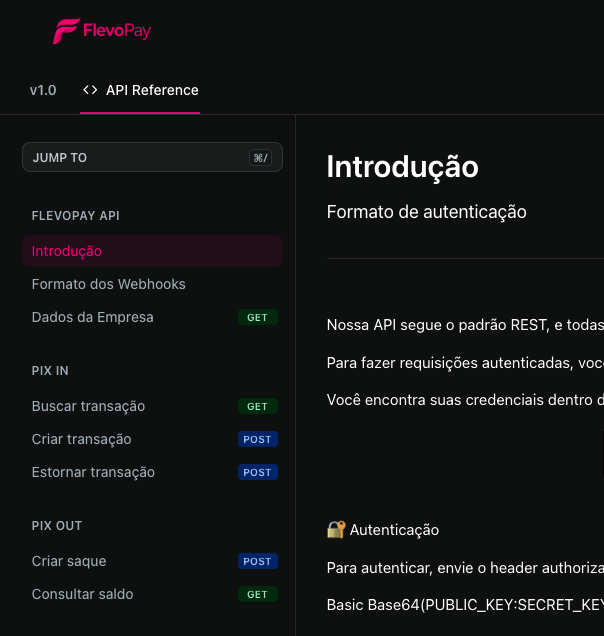 Referência da API FlevoPay com endpoints PIX IN e PIX OUT